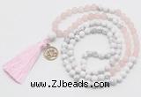 GMN6303 Knotted matte rose quartz & white howlite 108 beads mala necklace with tassel & charm