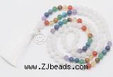 GMN6319 Knotted 7 Chakra white jade 108 beads mala necklace with tassel & charm