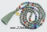 GMN6326 Knotted 7 Chakra African turquoise 108 beads mala necklace with tassel & charm