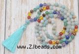 GMN6339 Knotted 7 Chakra 8mm, 10mm amazonite 108 beads mala necklace with tassel