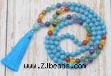 GMN6340 Knotted 7 Chakra 8mm, 10mm turquoise 108 beads mala necklace with tassel