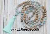 GMN6344 Knotted 8mm, 10mm matte amazonite & picture jasper 108 beads mala necklace with tassel