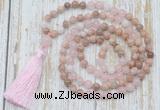 GMN6355 Knotted 8mm, 10mm sunstone, rose quartz & white jade 108 beads mala necklace with tassel