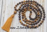 GMN6358 Knotted 8mm, 10mm yellow tiger eye, garnet & smoky quartz 108 beads mala necklace with tassel