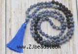 GMN6364 Knotted 8mm, 10mm blue spot stone & black lava 108 beads mala necklace with tassel