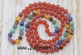 GMN6441 Hand-knotted 7 Chakra 8mm, 10mm red agate 108 beads mala necklaces