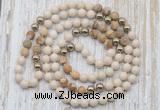 GMN6445 Hand-knotted 8mm, 10mm white fossil jasper & picture jasper 108 beads mala necklaces