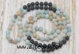 GMN6463 Hand-knotted 8mm, 10mm matte amazonite & black lava 108 beads mala necklaces