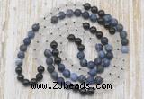 GMN6466 Knotted 8mm, 10mm matte sodalite, white crystal  & black agate 108 beads mala necklaces