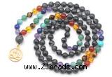 GMN6483 Knotted 7 Chakra 8mm, 10mm black labradorite 108 beads mala necklace with charm