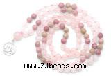GMN6497 Knotted 8mm, 10mm rose quartz & pink wooden jasper 108 beads mala necklace with charm