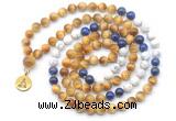 GMN6503 Knotted 8mm, 10mm golden tiger eye, lapis lazuli & matte white howlite 108 beads mala necklace with charm