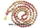 GMN6506 Knotted 8mm, 10mm picture jasper & red jasper 108 beads mala necklace with charm