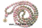 GMN6507 Knotted 8mm, 10mm unakite & pink wooden jasper 108 beads mala necklace with charm