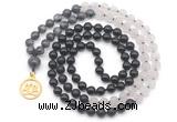 GMN6514 Knotted 8mm, 10mm black labradorite, matte rose quartz  & black agate 108 beads mala necklace with charm