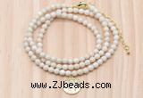 GMN7524 4mm faceted round tiny white fossil jasper beaded necklace with letter charm