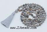 GMN797 Hand-knotted 8mm, 10mm silver needle agate 108 beads mala necklace with tassel