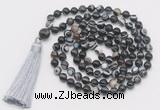 GMN804 Hand-knotted 8mm, 10mm black banded agate 108 beads mala necklace with tassel