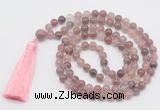 GMN812 Hand-knotted 8mm, 10mm purple strawberry quartz 108 beads mala necklace with tassel