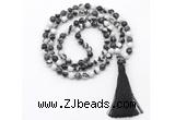 GMN8420 8mm, 10mm black & white jasper 27, 54, 108 beads mala necklace with tassel