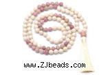 GMN8550 8mm, 10mm white fossil jasper & pink wooden jasper 108 beads mala necklace with tassel