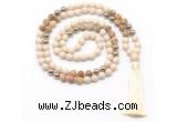 GMN8555 8mm, 10mm white fossil jasper, picture jasper & hematite 108 beads mala necklace with tassel