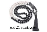 GMN8560 8mm, 10mm black labradorite, matte rose quartz & black agate 108 beads mala necklace with tassel