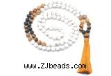GMN8563 8mm, 10mm matte white howlite & mixed gemstone 108 beads mala necklace with tassel