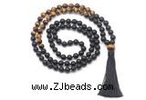 GMN8565 8mm, 10mm matte black agate & yellow tiger eye 108 beads mala necklace with tassel