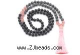 GMN8566 8mm, 10mm matte black agate, black labradorite & rose quartz 108 beads mala necklace with tassel