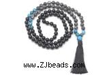 GMN8567 8mm, 10mm matte black agate, black labradorite & apatite 108 beads mala necklace with tassel