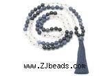 GMN8570 8mm, 10mm matte sodalite, white crystal & black agate 108 beads mala necklace with tassel