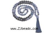 GMN8573 8mm, 10mm blue spot stone & black lava 108 beads mala necklace with tassel