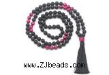 GMN8576 8mm, 10mm black lava & red tiger eye 108 beads mala necklace with tassel