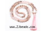 GMN8581 8mm, 10mm sunstone, rose quartz & white jade 108 beads mala necklace with tassel