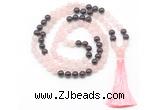 GMN8582 8mm, 10mm rose quartz & garnet 108 beads mala necklace with tassel