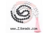 GMN8583 8mm, 10mm black agate, rose quartz & white howlite 108 beads mala necklace with tassel