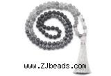 GMN8588 8mm, 10mm black lava, black labradorite & cloudy quartz 108 beads mala necklace with tassel