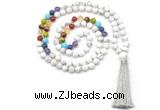 GMN8603 Hand-knotted 7 Chakra 8mm, 10mm white howlite 108 beads mala necklace with tassel