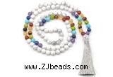 GMN8604 Hand-knotted 7 Chakra 8mm, 10mm white howlite 108 beads mala necklace with tassel