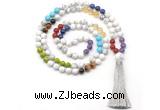 GMN8606 Hand-knotted 7 Chakra 8mm, 10mm white howlite 108 beads mala necklace with tassel