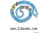 GMN8613 Hand-knotted 7 Chakra 8mm, 10mm imitation turquoise 108 beads mala necklace with tassel