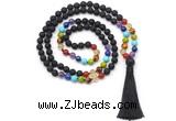 GMN8615 Hand-knotted 7 Chakra 8mm, 10mm black lava 108 beads mala necklace with tassel