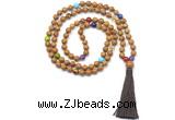 GMN8622 Hand-knotted 7 Chakra 8mm, 10mm wooden jasper 108 beads mala necklace with tassel