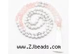 GMN8626 8mm, 10mm matte white howlite & rose quartz 108 beads mala necklace with tassel