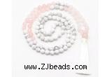 GMN8626 8mm, 10mm matte white howlite & rose quartz 108 beads mala necklace with tassel