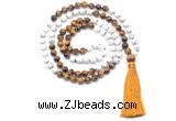 GMN8634 8mm, 10mm white howlite & yellow tiger eye 108 beads mala necklace with tassel