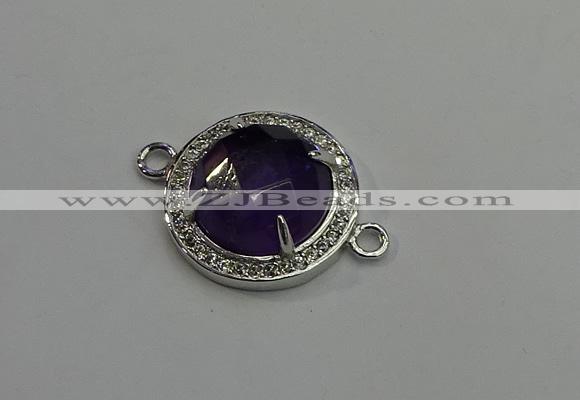 NGC5019 20mm flat round amethyst with rhinestone connectors