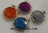 NGP1561 10*45*47mm flat round agate with brass setting pendants