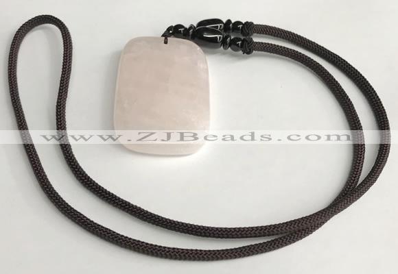 NGP5595 Rose quartz rectangle pendant with nylon cord necklace